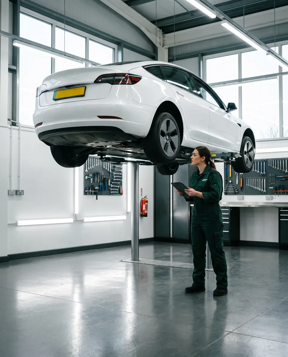 An electric car on a lift in a service workshop