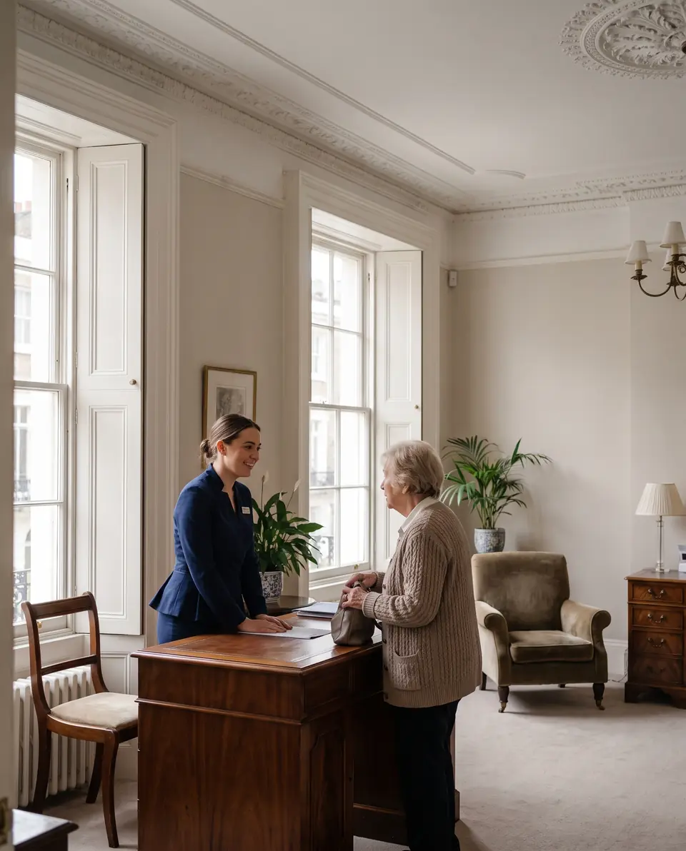 A clinic receptionist greeting a patient