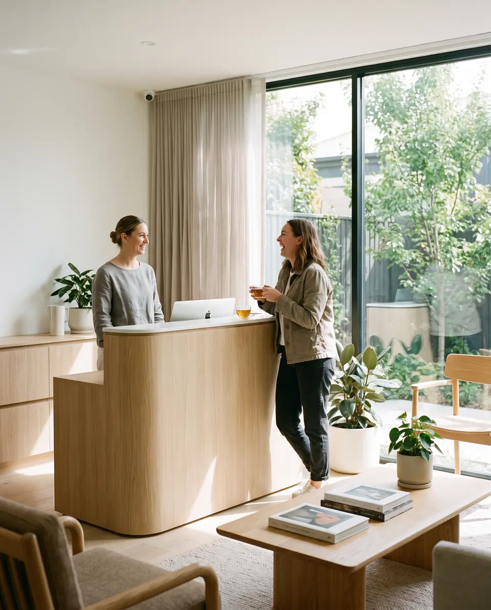 A dental clinic receptionist welcoming a patient