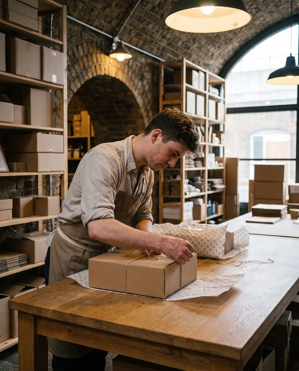 Parcels being packed in an online shop's studio
