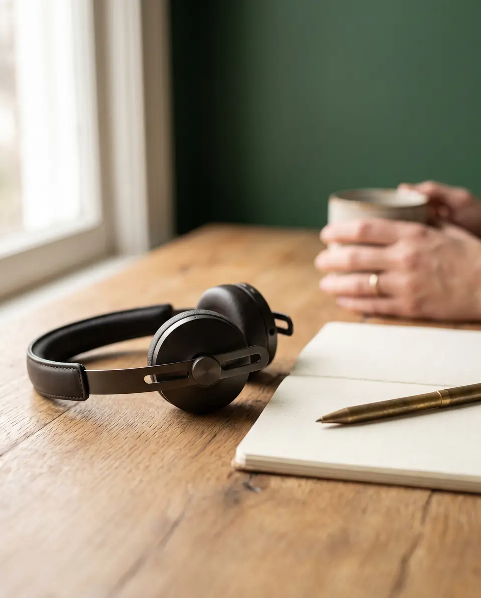 A headset resting on an oak desk