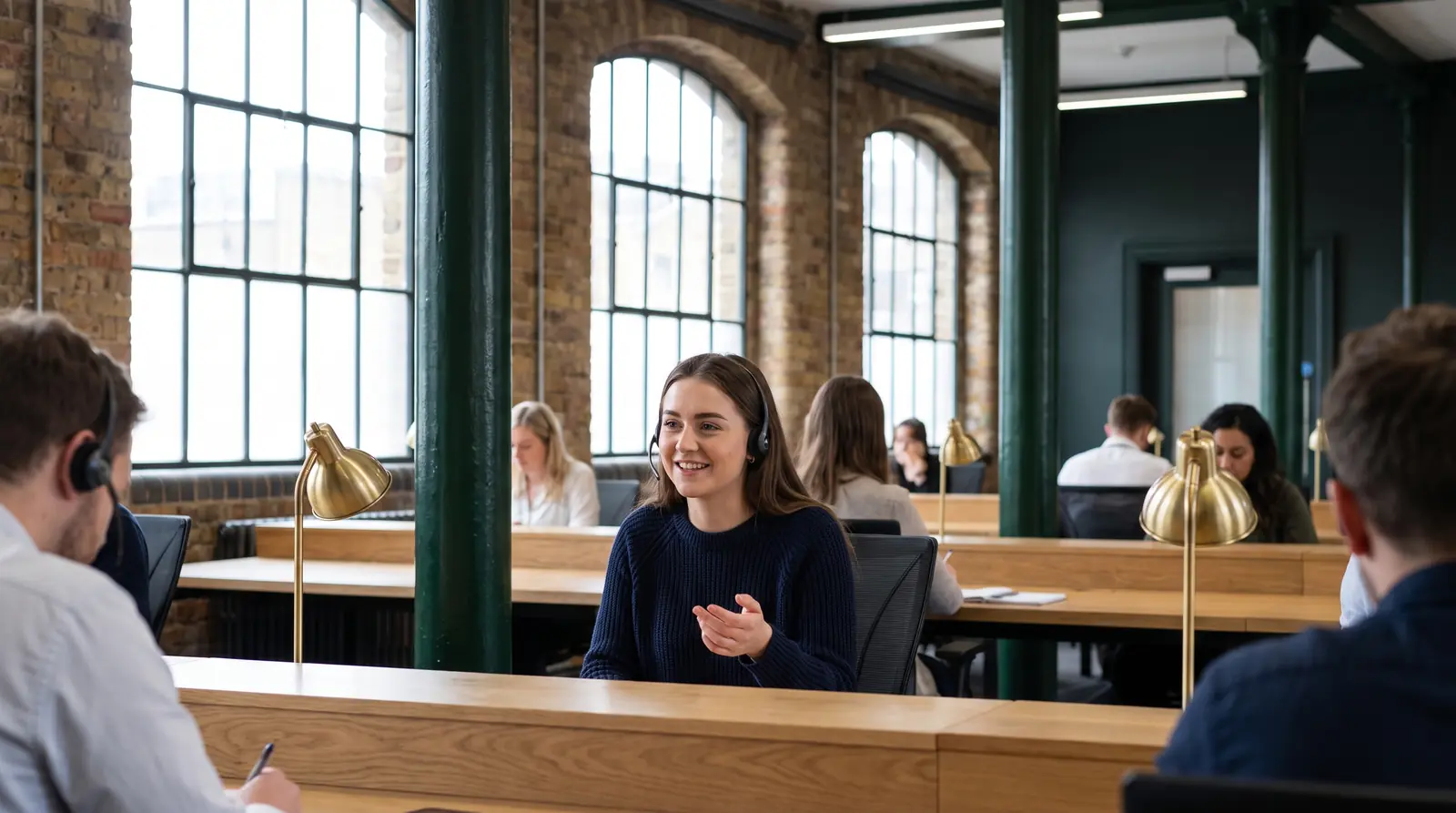 A calltex agent on a headset in a bright contact centre in a converted London warehouse