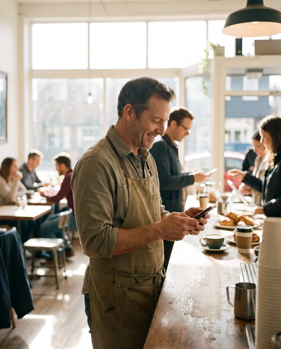 A café owner smiling at his phone behind the counter