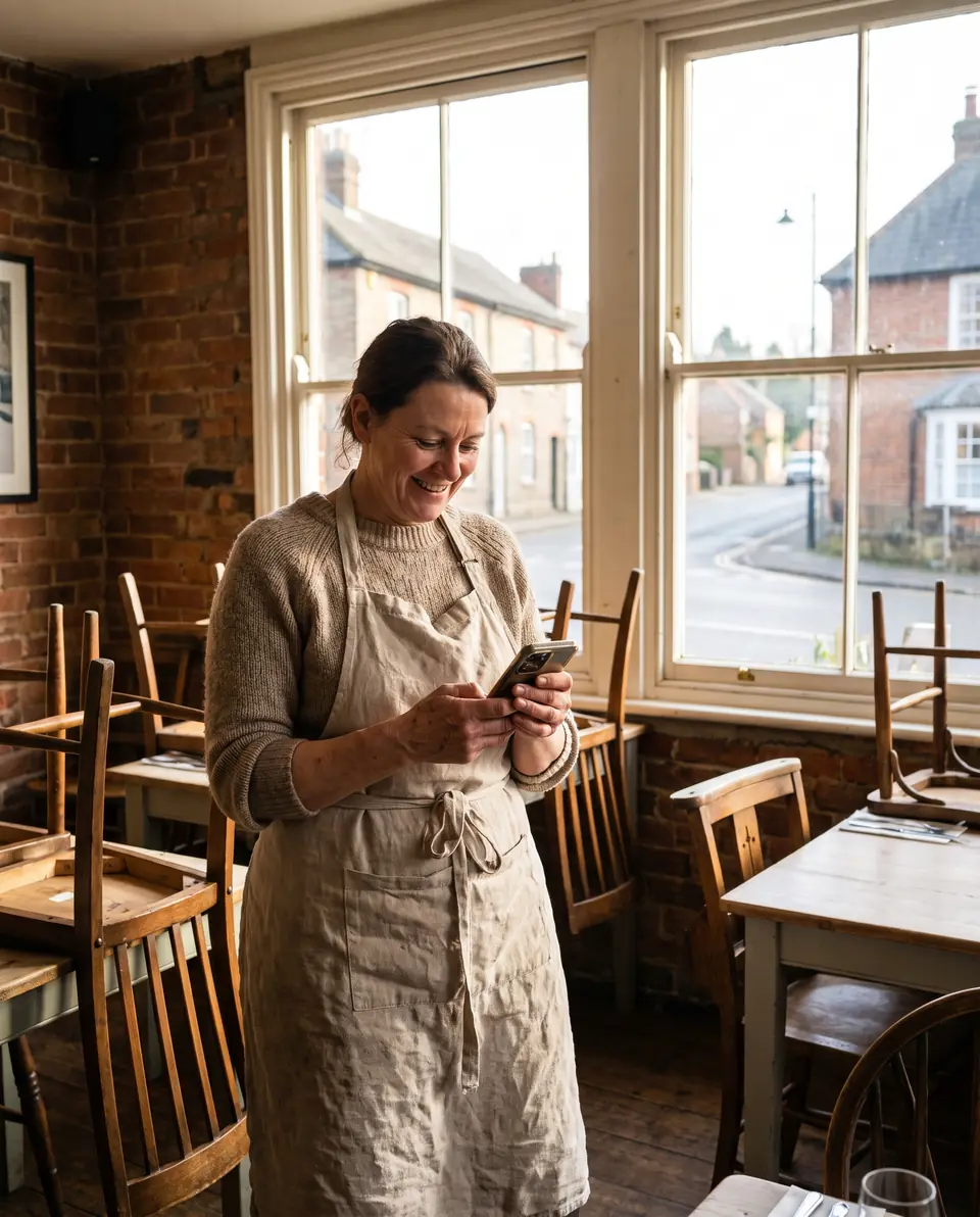A restaurant owner smiling at her phone before opening