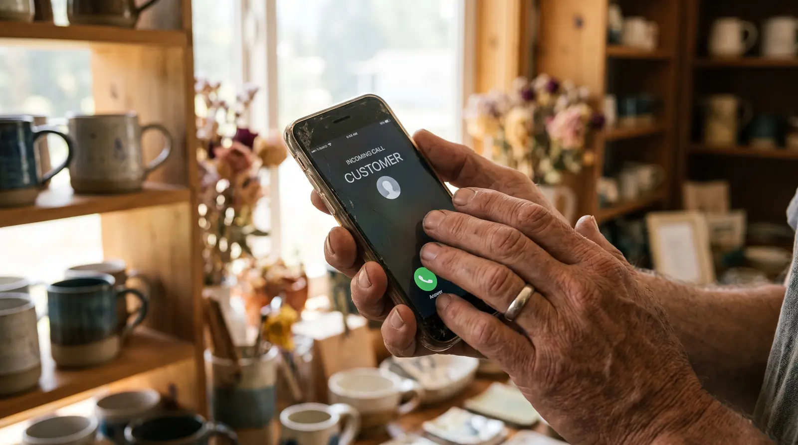A shop owner holding a phone with an incoming call