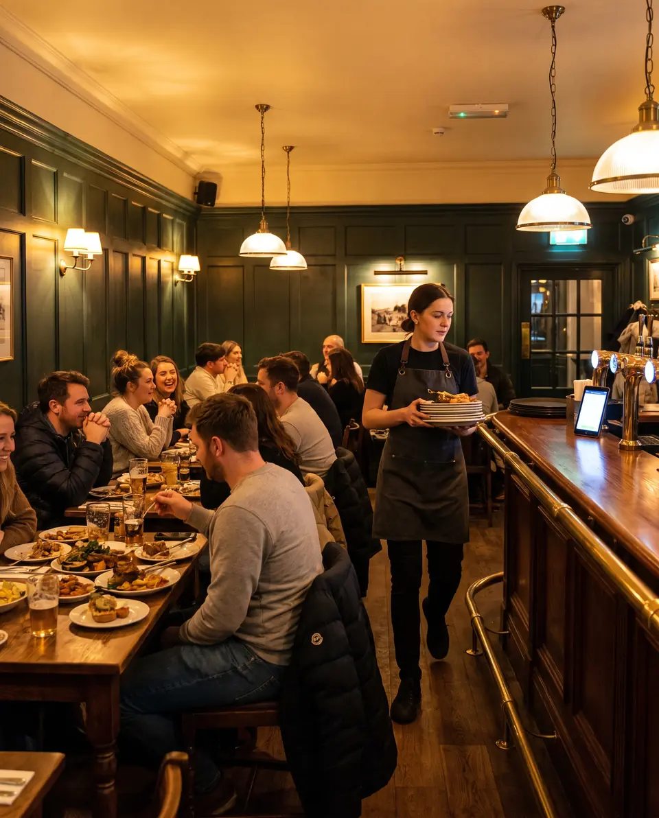 A busy restaurant at the dinner rush while the phone behind the bar lights up