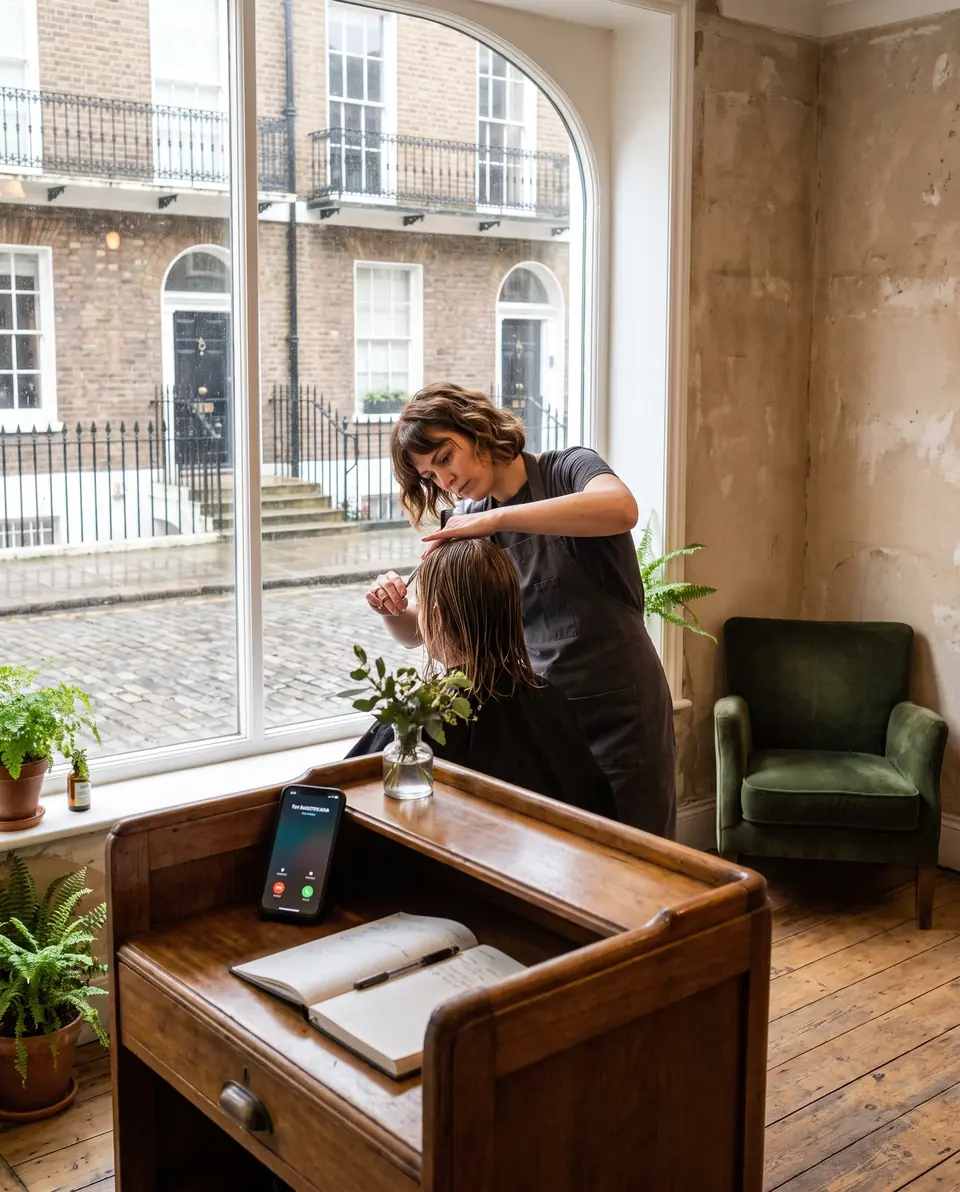 A stylist mid-cut while the salon phone rings at reception