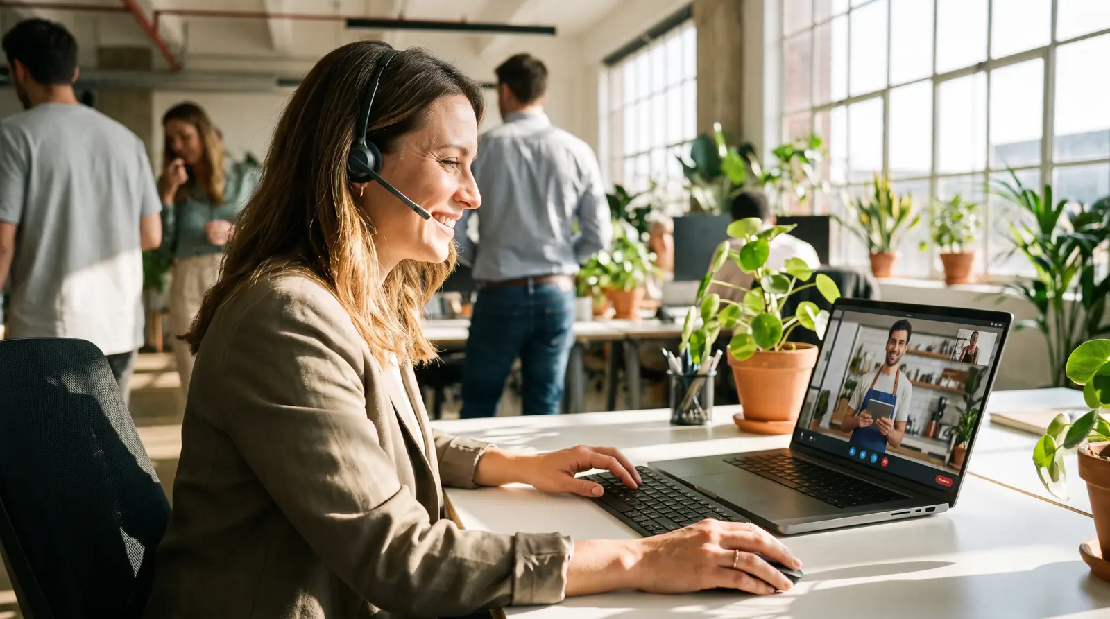 A CallTex specialist on a video call setting up an agent with a restaurant owner